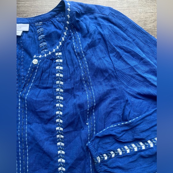 J Jill Blue Peasant Shirt Embroidered Size Medium - Picture 3 of 4